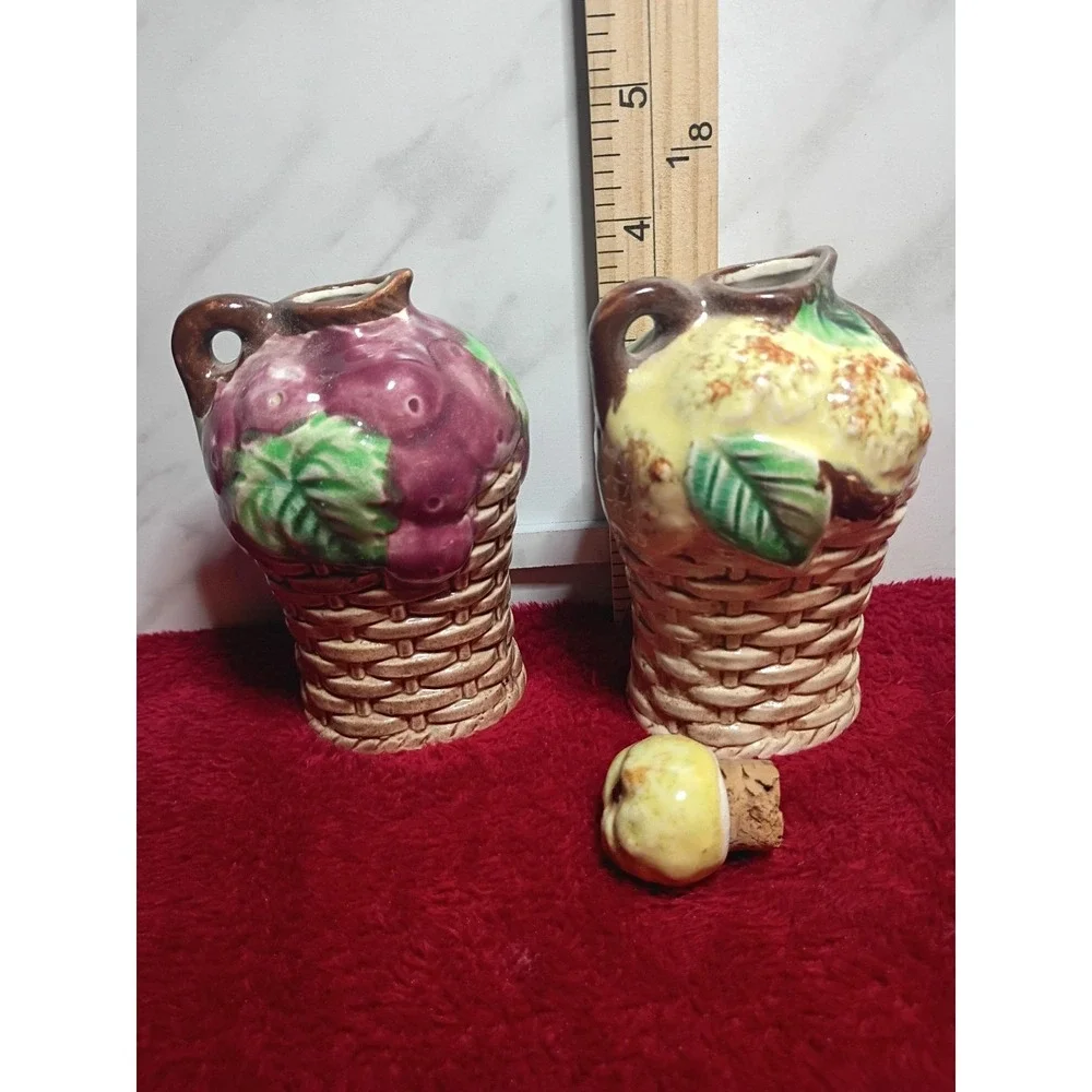 Vintage Dala Japan Ceramic Oil and Vinegar Cruet Set Fruit Basket Design 4 Inch